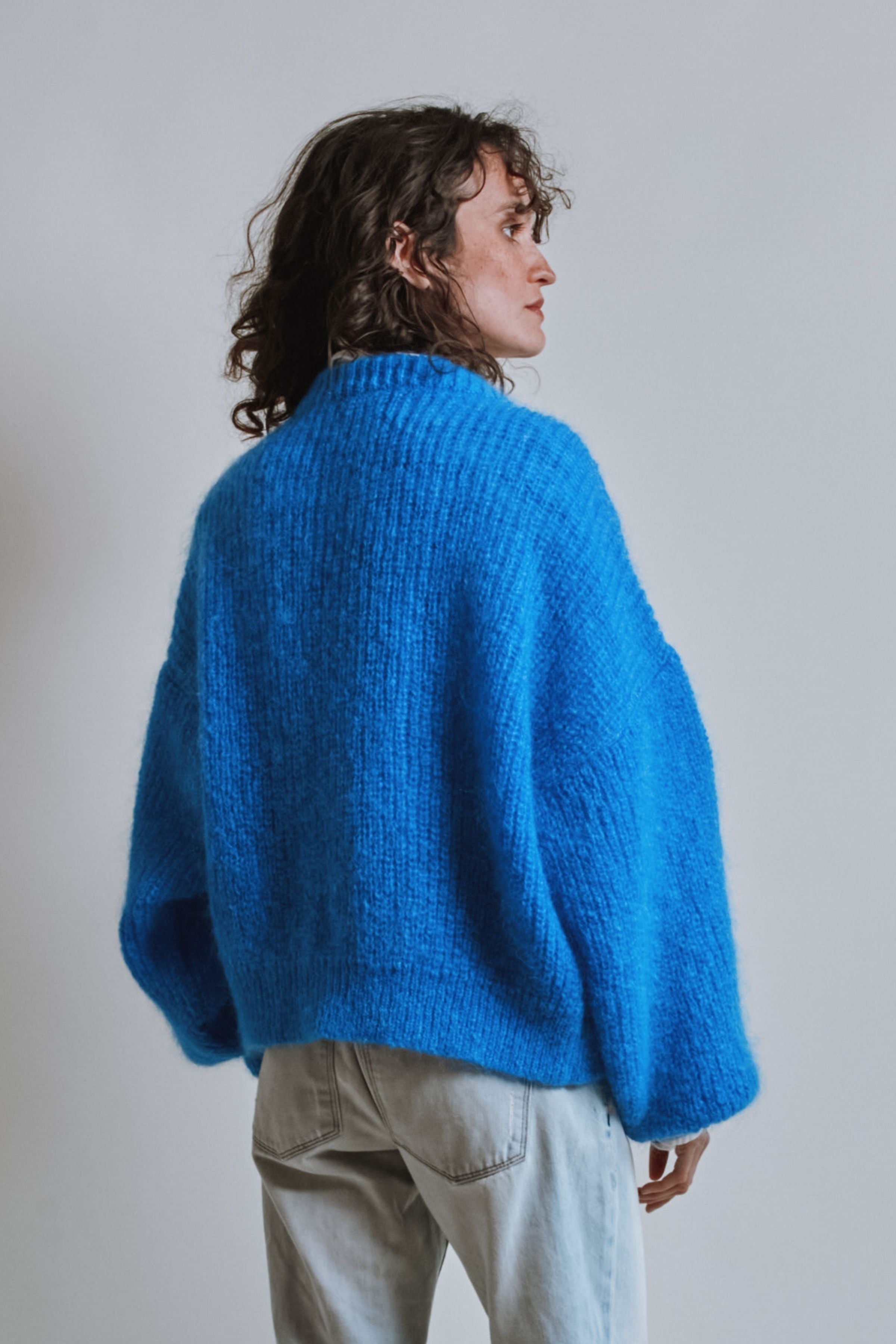 DIANA Balloon-Sleeve Cardigan in Mohair Wool - Cobalt Blue