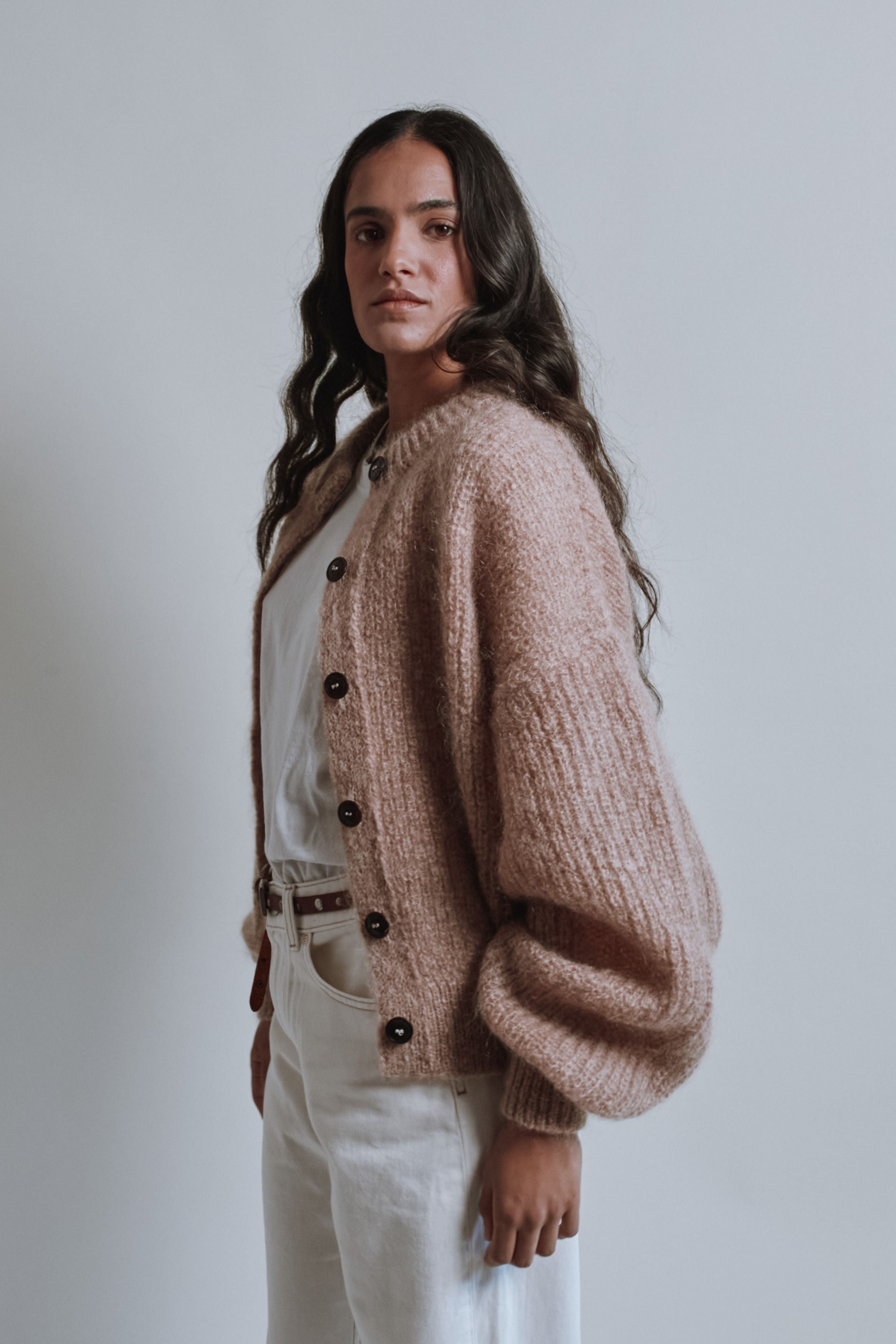 DIANA Balloon-Sleeve Cardigan in Mohair Wool - Light Pink