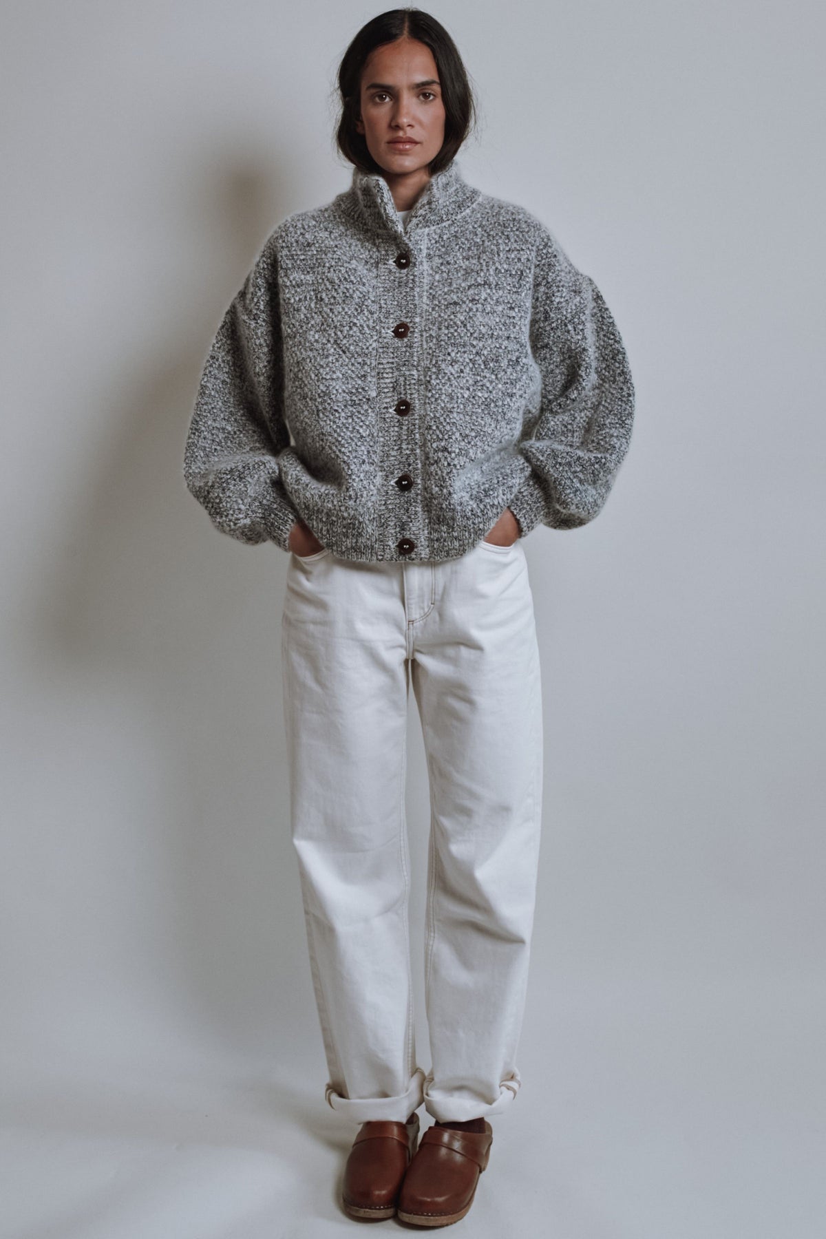 Veste à col montant GEORGE en laine mérinos et mohair - Bleu chiné