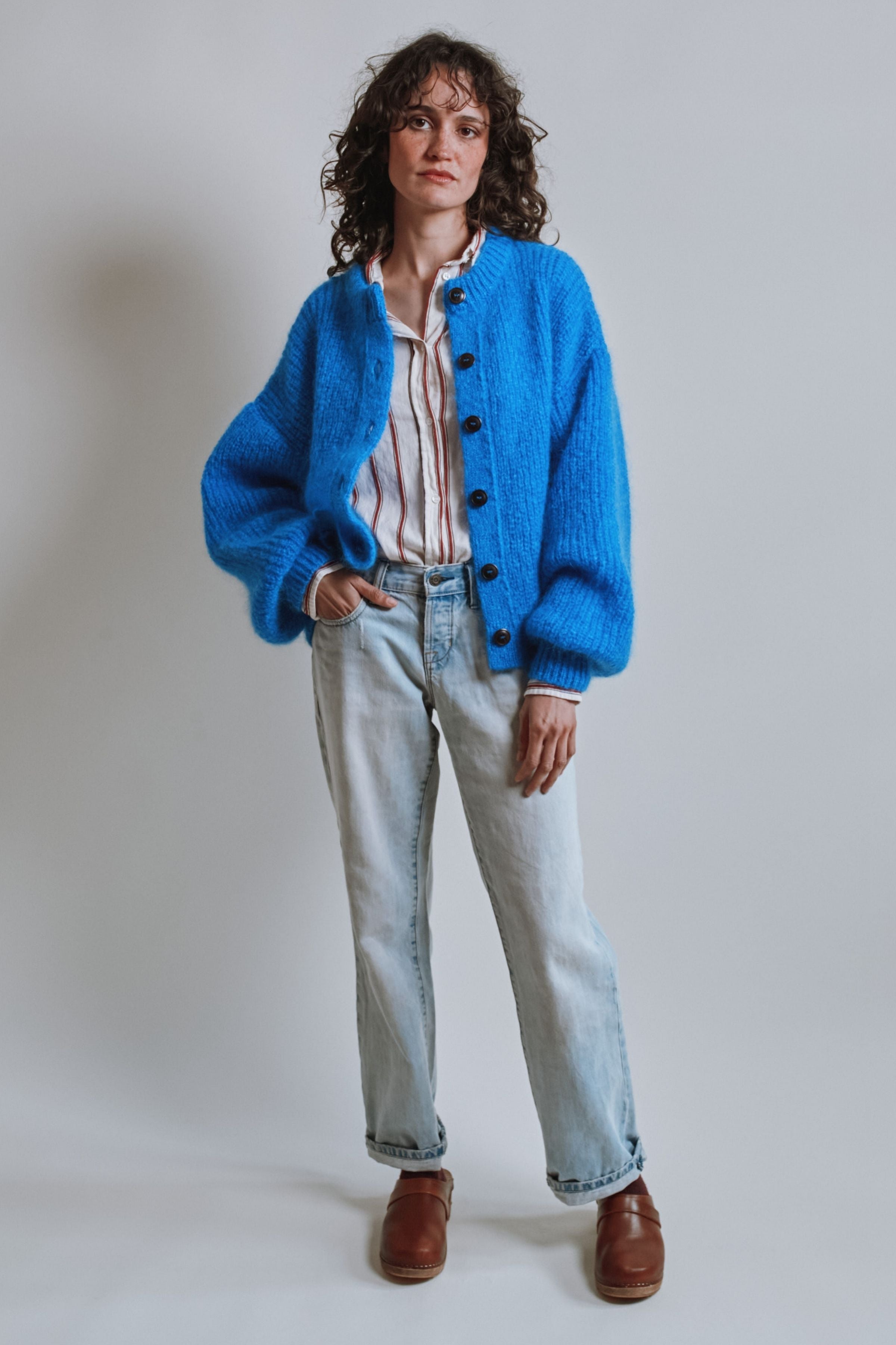 DIANA Balloon-Sleeve Cardigan in Mohair Wool - Cobalt Blue