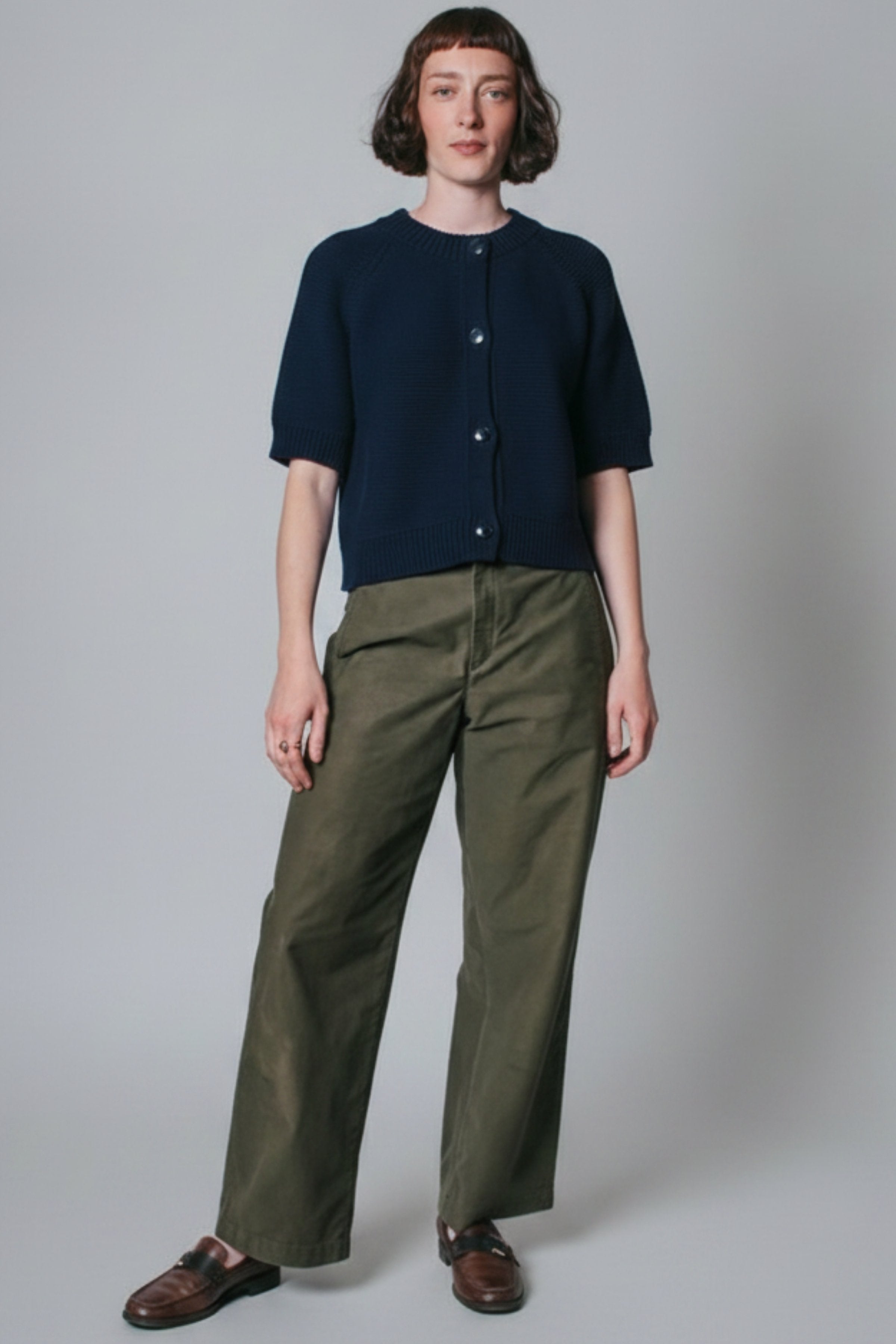 CLARISSE Short-Sleeve Cardigan in Organic Cotton - Navy Blue
