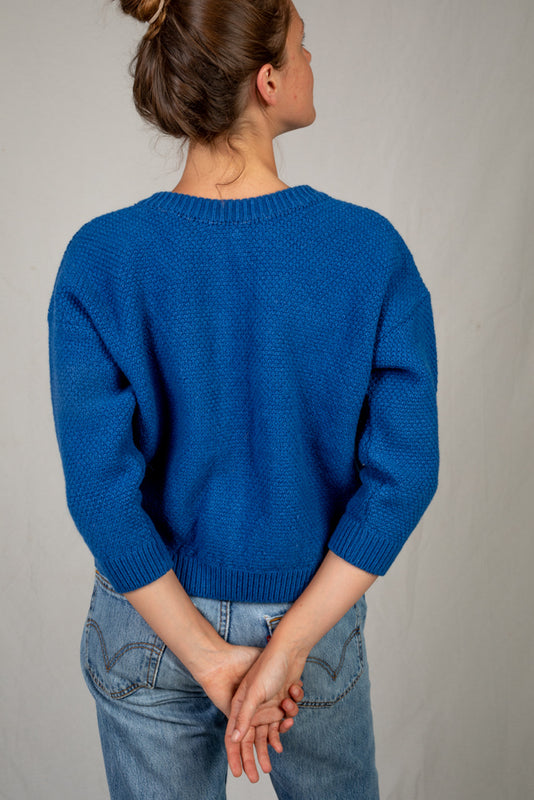 SERAPHINE Crew Neck Merino Blue Klein Wool Cardigan - 100% Spanish Merino Wool Cardigan - L'Envers