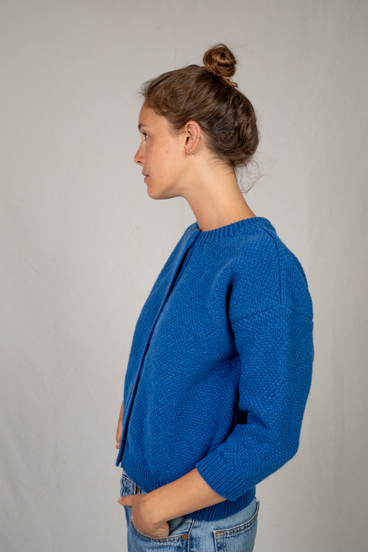 SERAPHINE Crew Neck Merino Wool Cardigan - 100% Cruelty Free Merino Wool in Blue Klein - 100% Spanish Merino Wool Cardigan - L'Envers