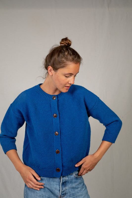 SERAPHINE Crew Neck Cardigan - 100% Cruelty Free Merino Wool in Blue Klein - Spanish Merino Wool Cardigan - L'Envers