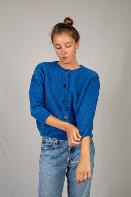 SERAPHINE Crew Neck Cardigan - 100% Cruelty Free Merino Wool in Blue Klein - 100% Spanish Merino Wool Cardigan - L'Envers
