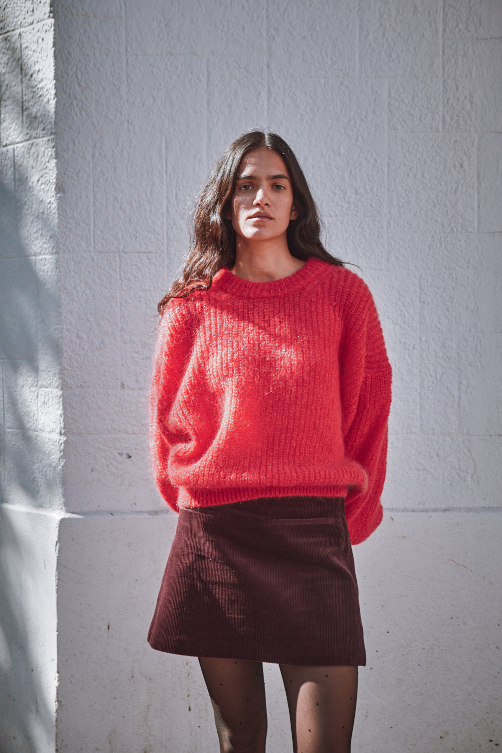 LUCIE Pull chauve-souris en laine mohair - Corail