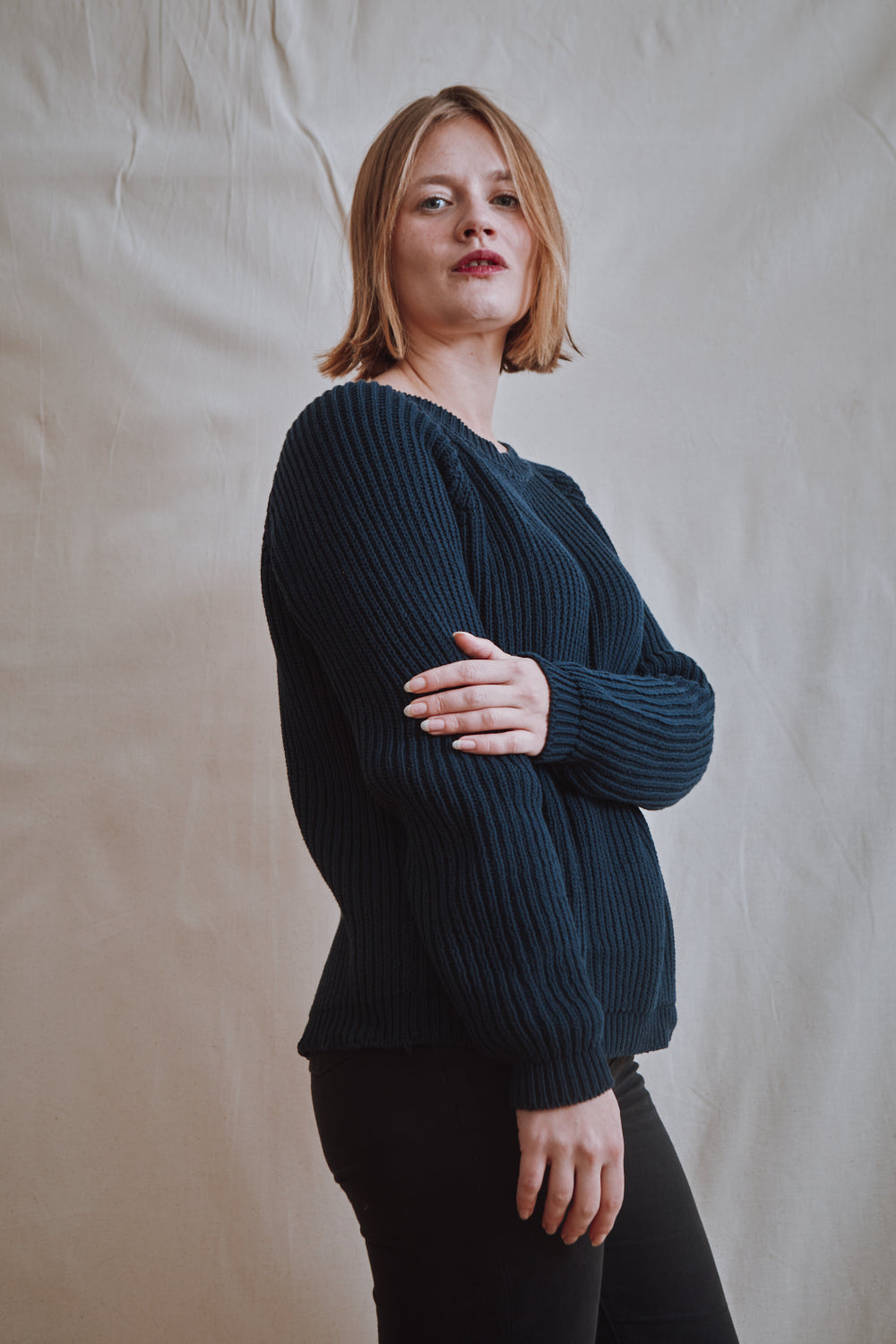 Article #319 - Pull raglan BRIGITTE en coton biologique - Bleu marine