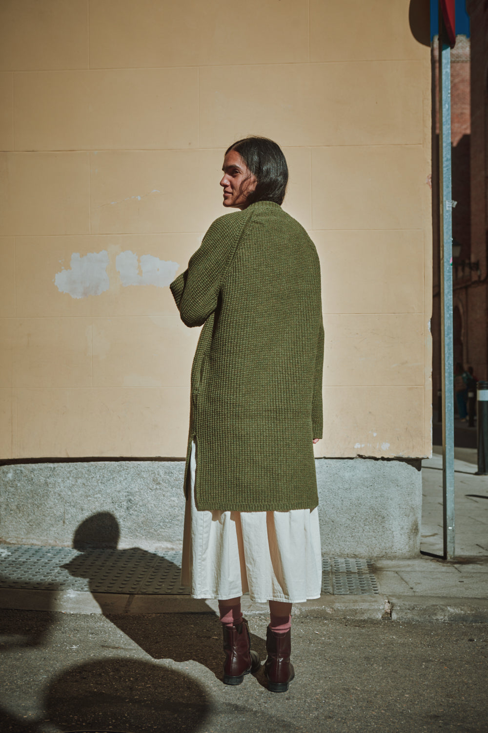 AGATHE Veste longue en laine mérinos - Vert olive