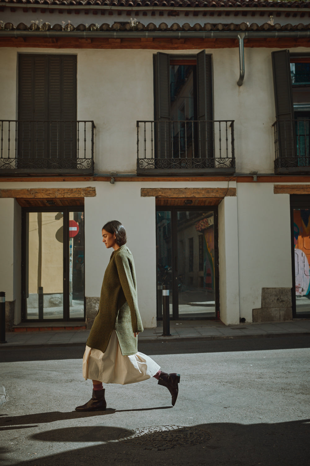 AGATHE Veste longue en laine mérinos - Vert olive