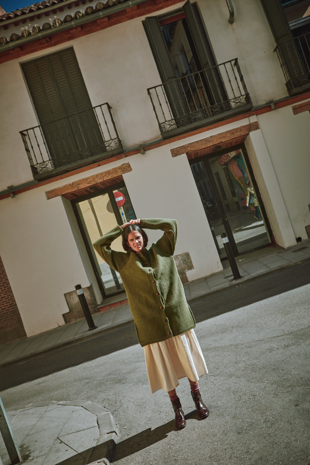 AGATHE Veste longue en laine mérinos - Vert olive