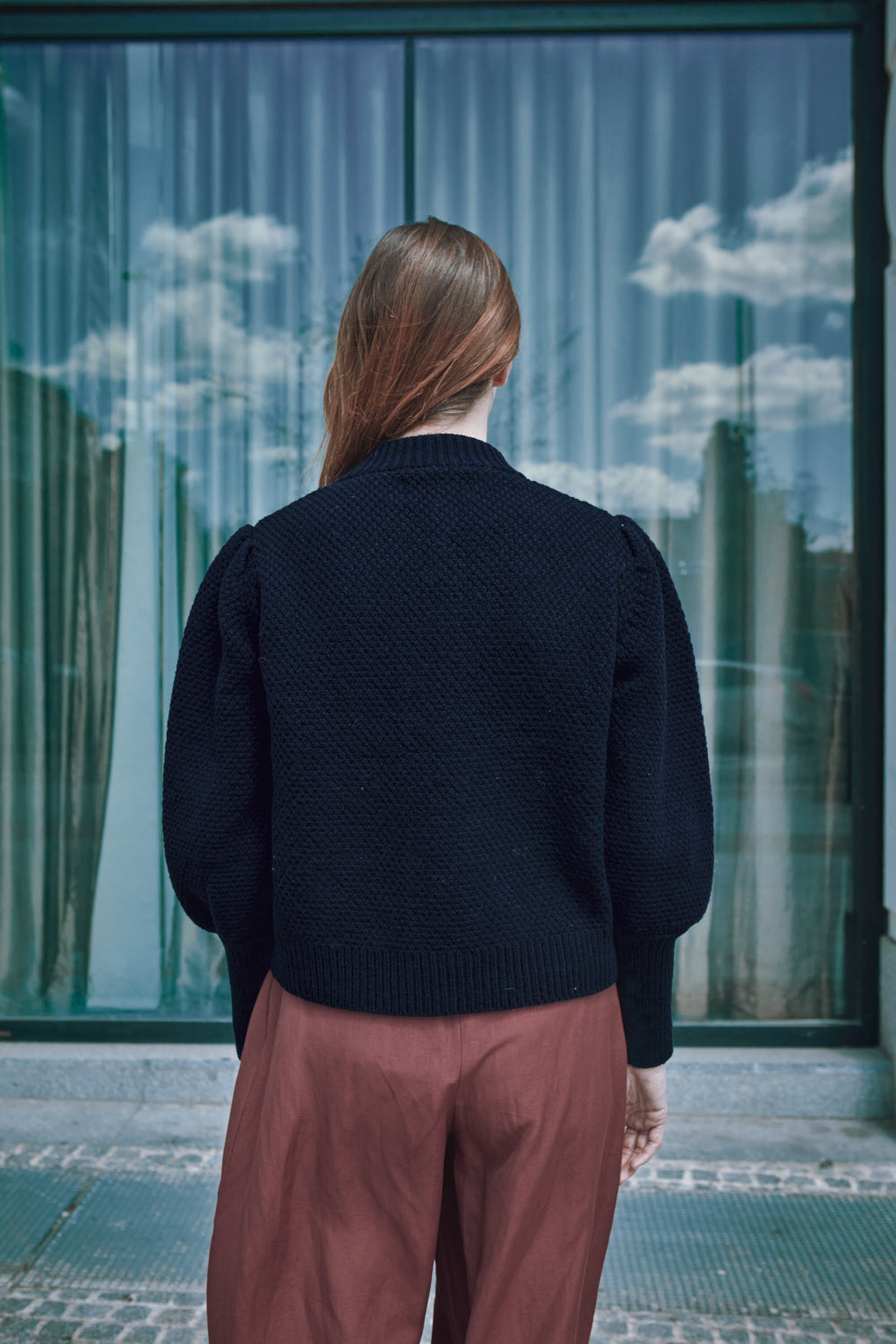 ANAIS Cardigan Manches bouffantes en laine mérinos - Bleu marine