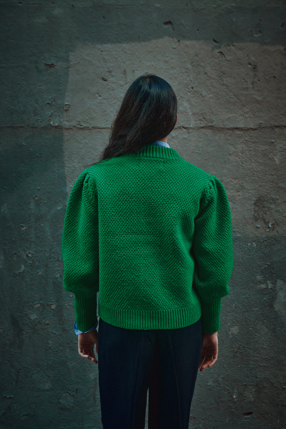 ANAIS Cardigan Manches bouffantes en laine mérinos - Vert perroquet