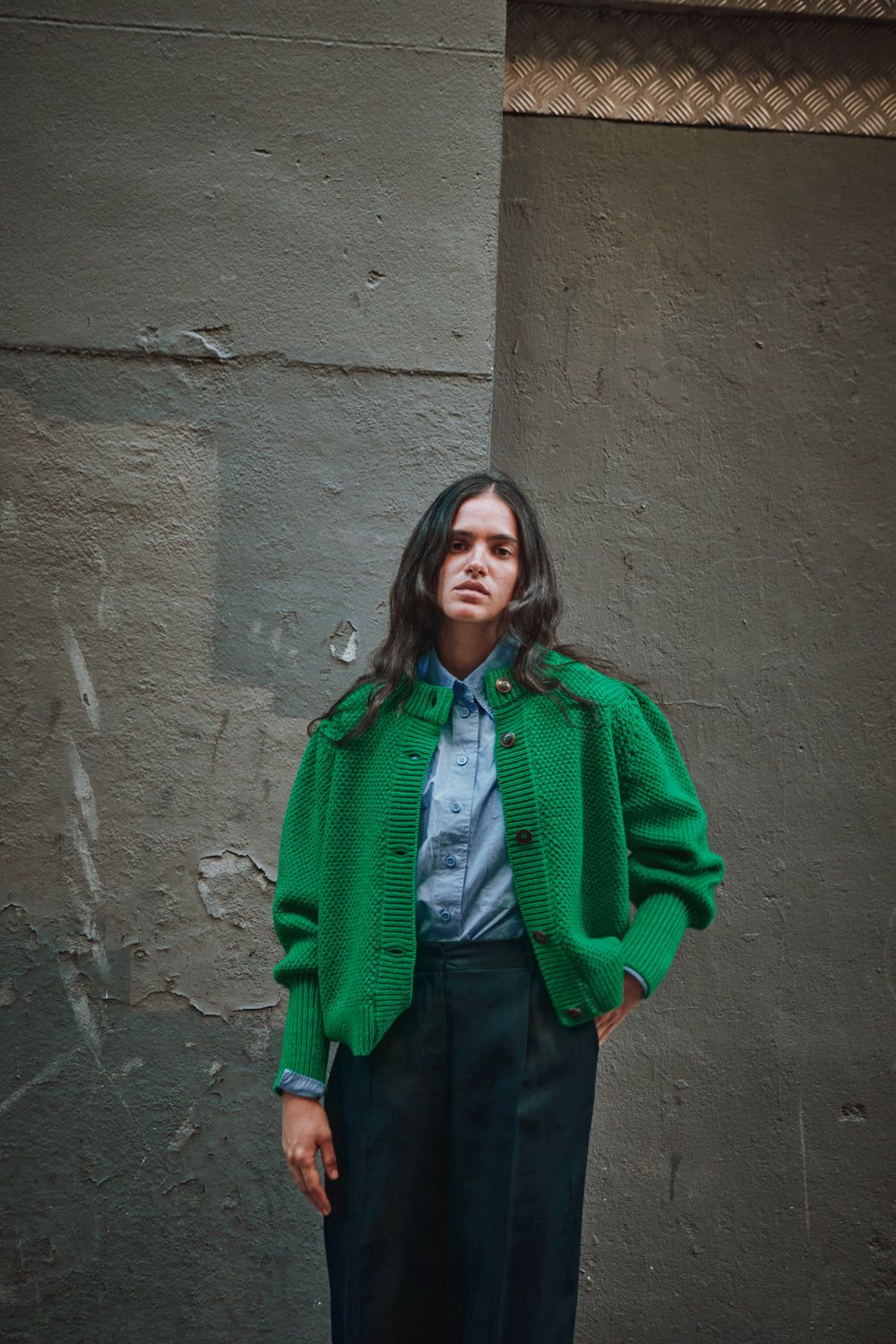 ANAIS Cardigan Manches bouffantes en laine mérinos - Vert perroquet