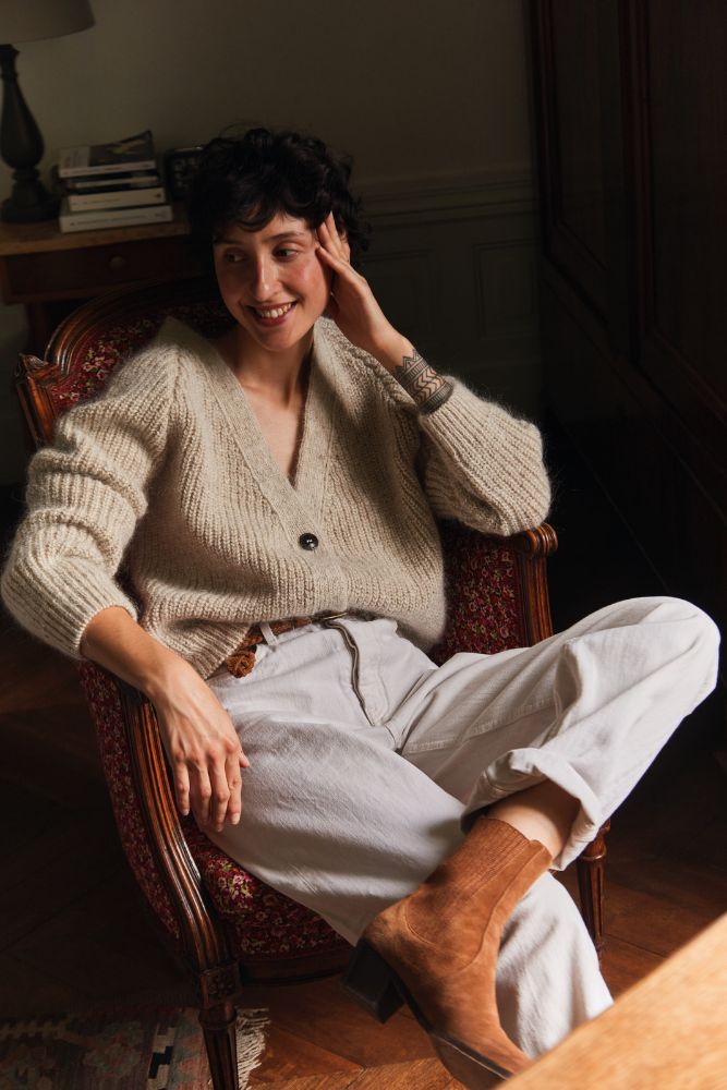 ANNA Cardigan col V en laine mérinos-mohair - Beige -100% laine sans cruauté mérinos - Cardigan en laine mérinos espagnole - L'Envers