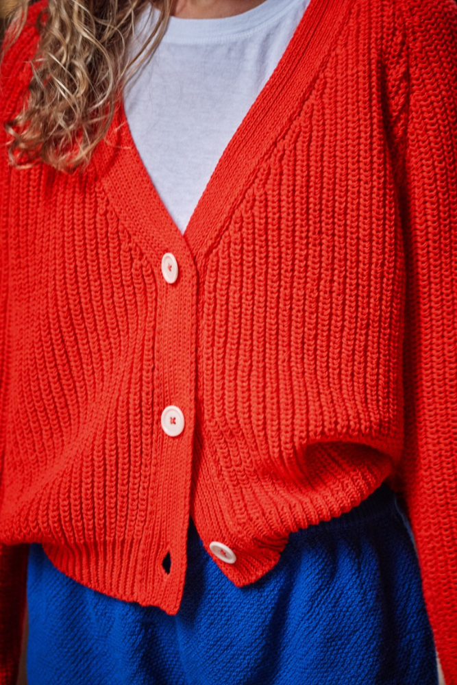 gilet col V ANNA en 100% coton biologique - Rouge - L'Envers