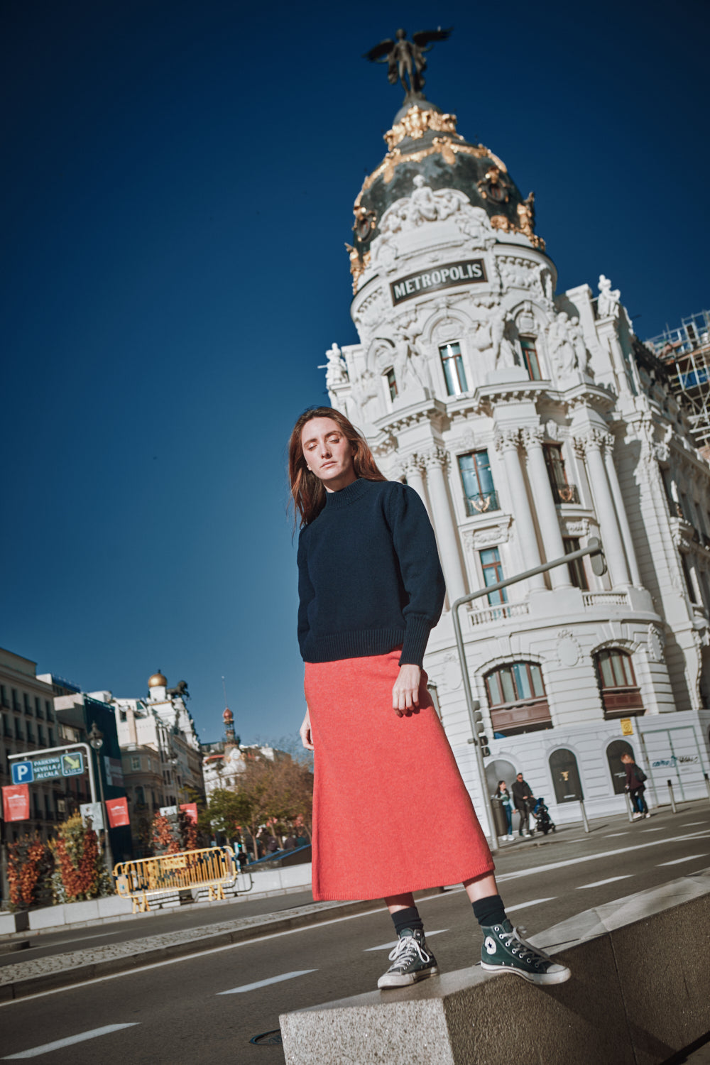 AUGUSTINE Jupe évasée en laine mérinos - Corail