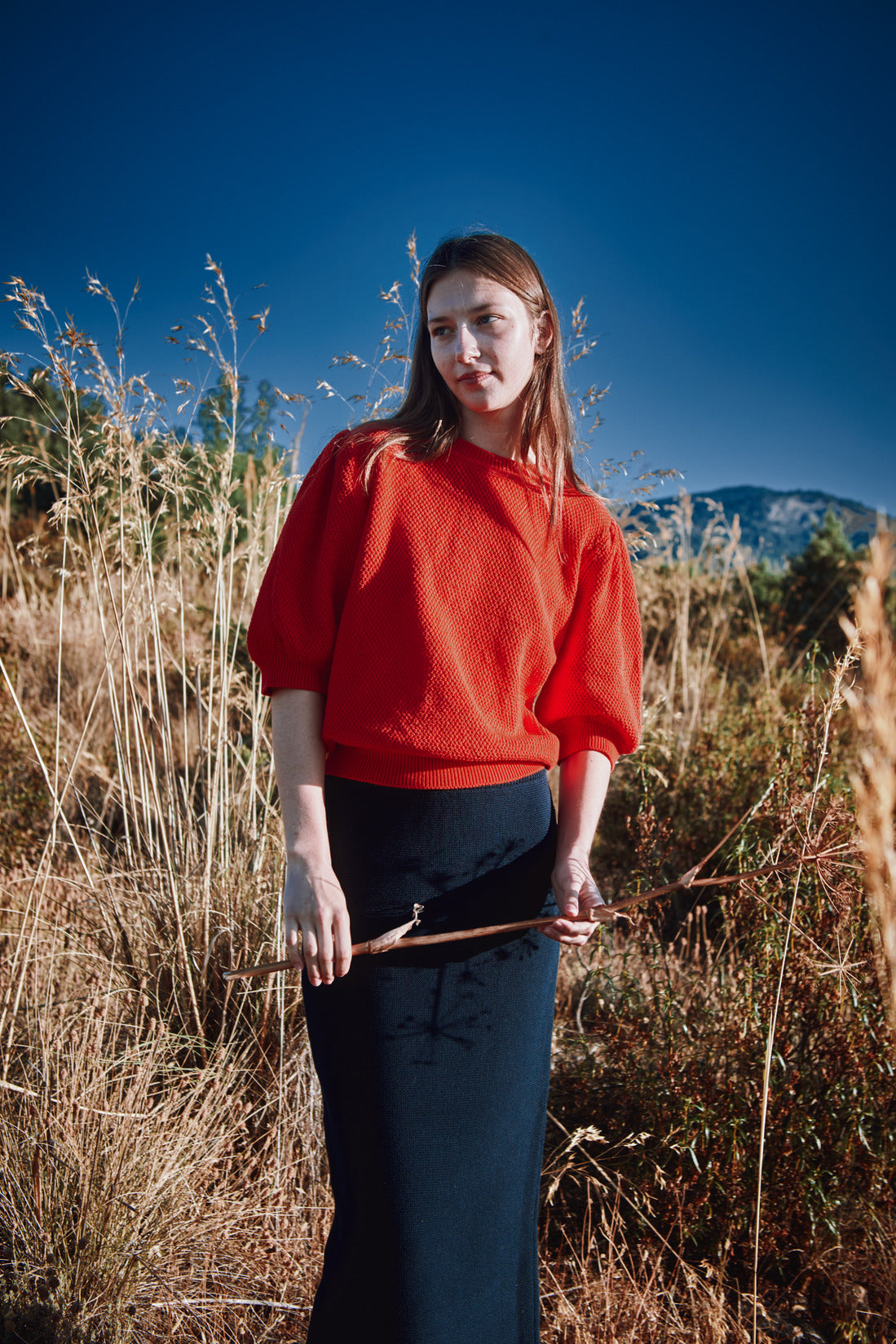 CECILE Jupe midi droite en coton biologique - Bleu marine