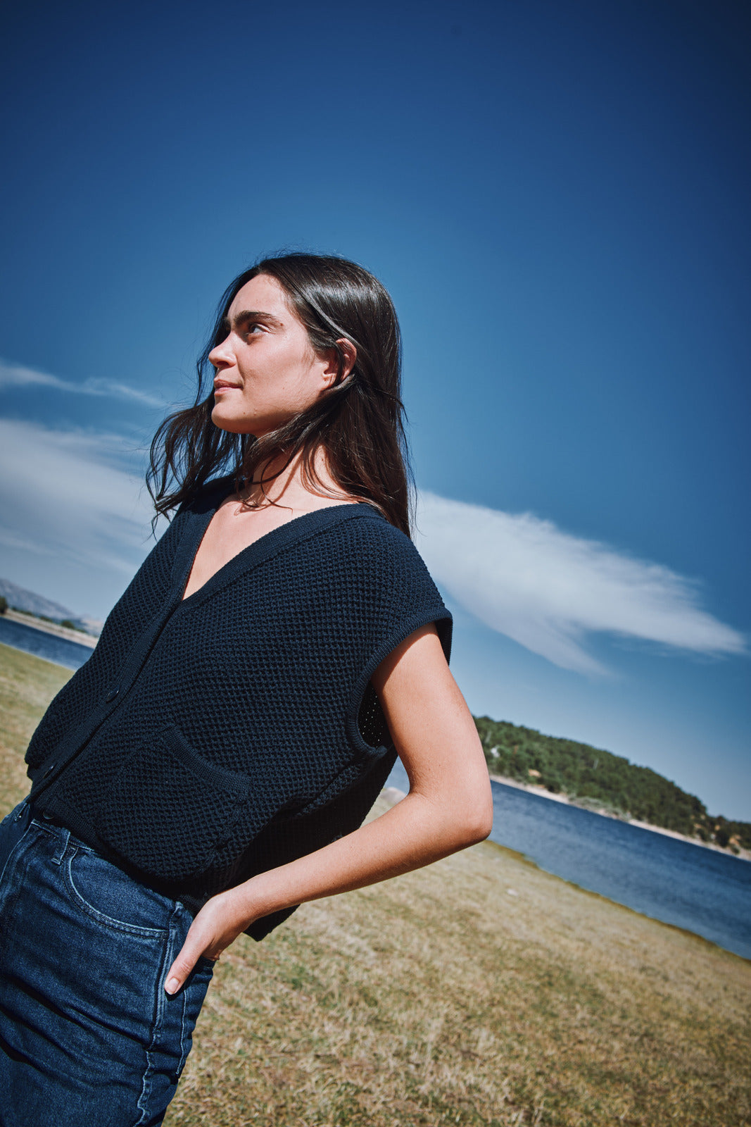 ELEONORE Cardigan sans manches à col en V en coton biologique - Bleu marine