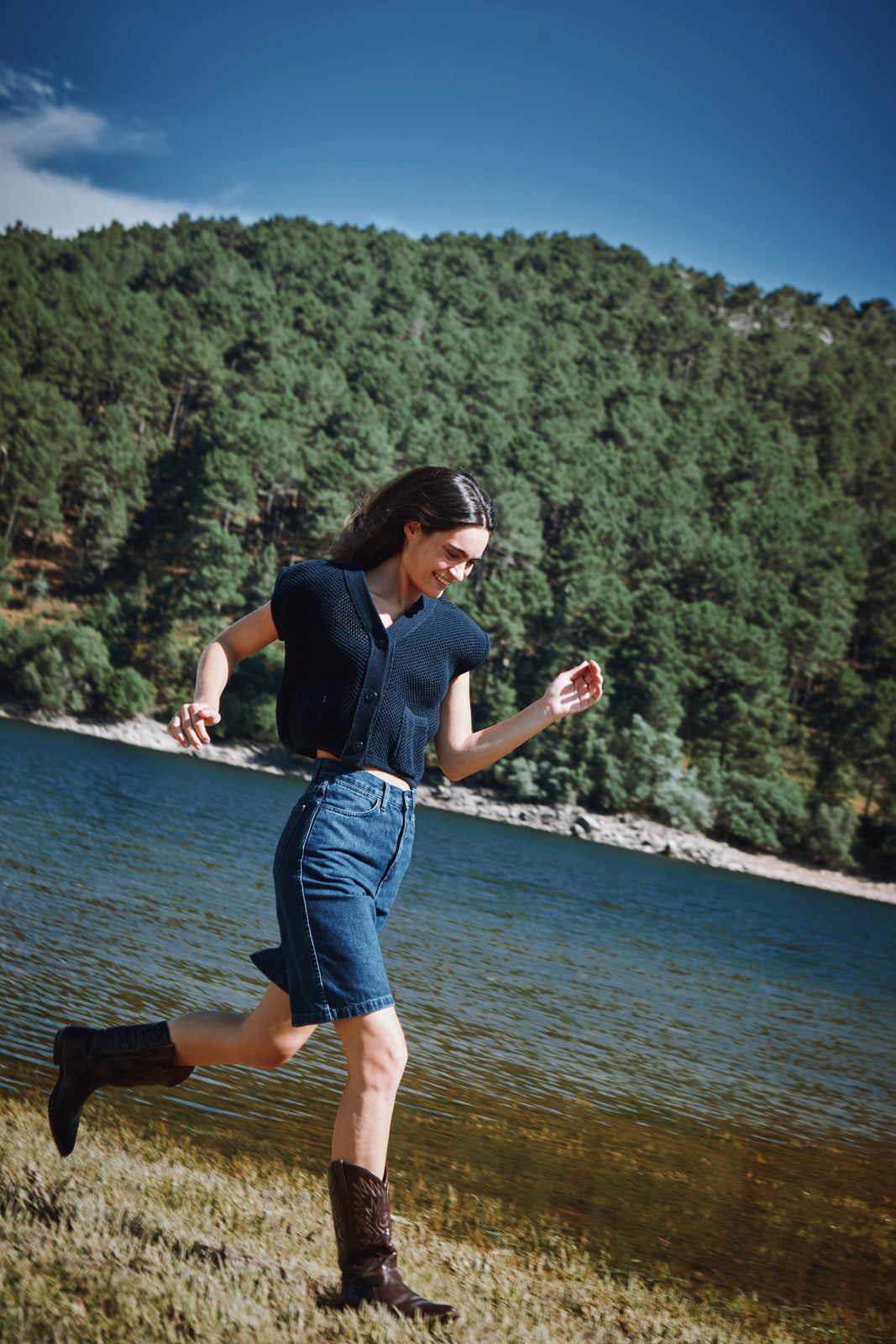 ELEONORE Cardigan sans manches à col en V en coton biologique - Bleu marine