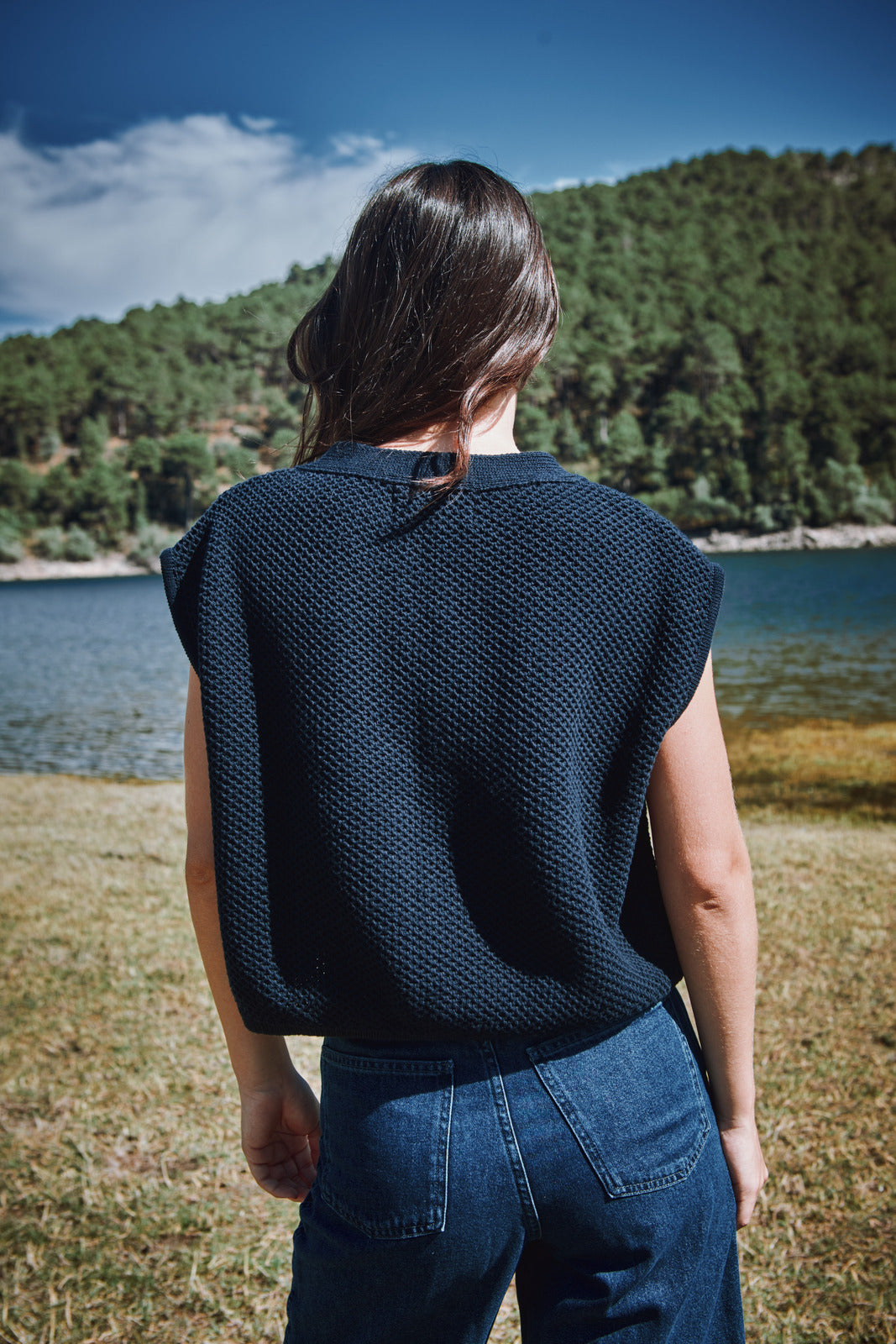 ELEONORE Cardigan sans manches à col en V en coton biologique - Bleu marine