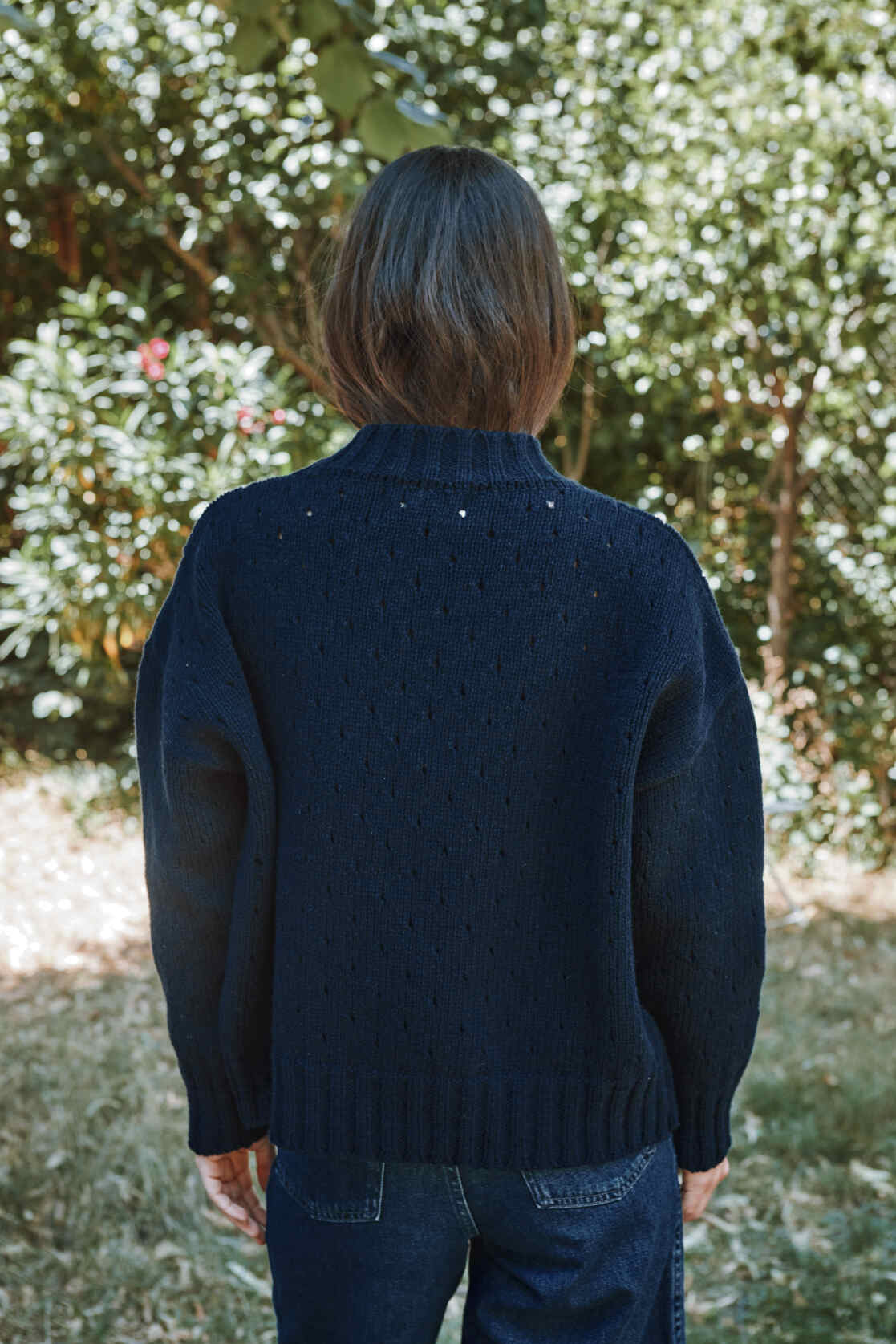 Pull FAUSTINE en maille ouverte en laine mérinos - Bleu marine