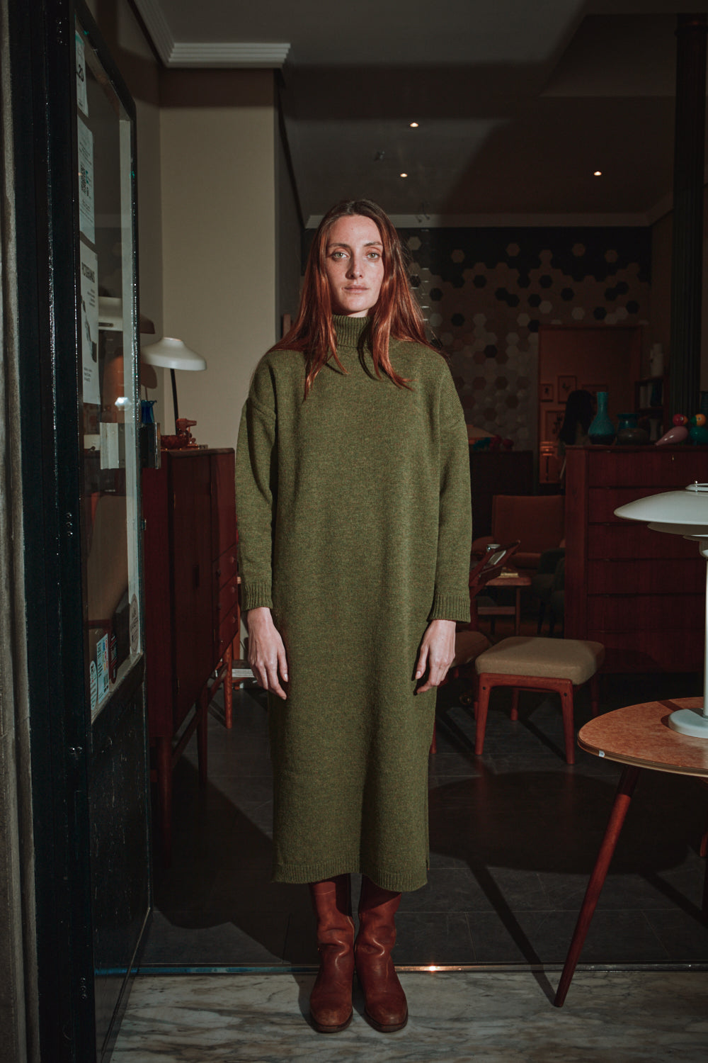 FREYA Robe en laine mérinos - Vert olive