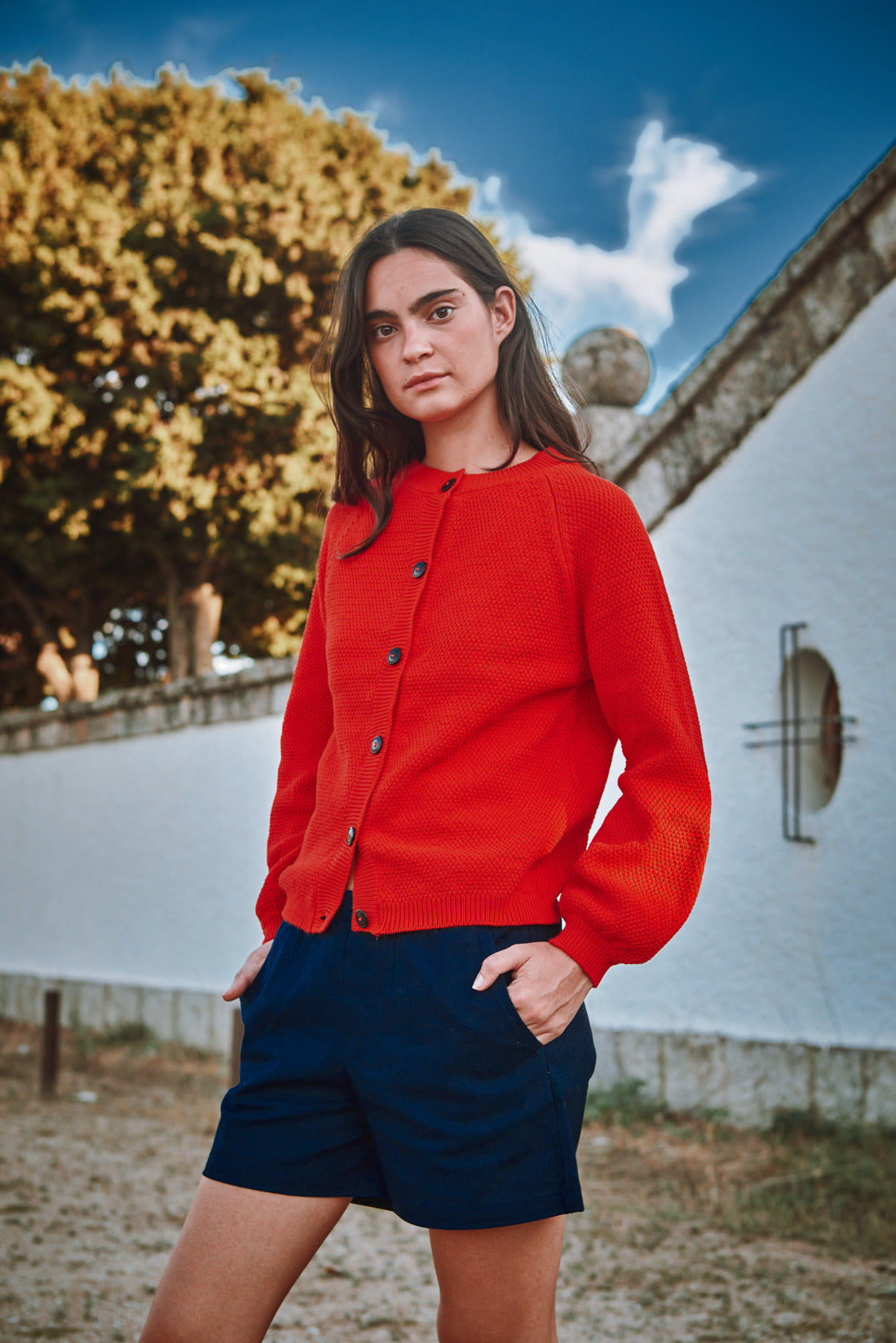 GABY Cardigan à manches bouffantes en coton bio - Rouge - L'ENVERS