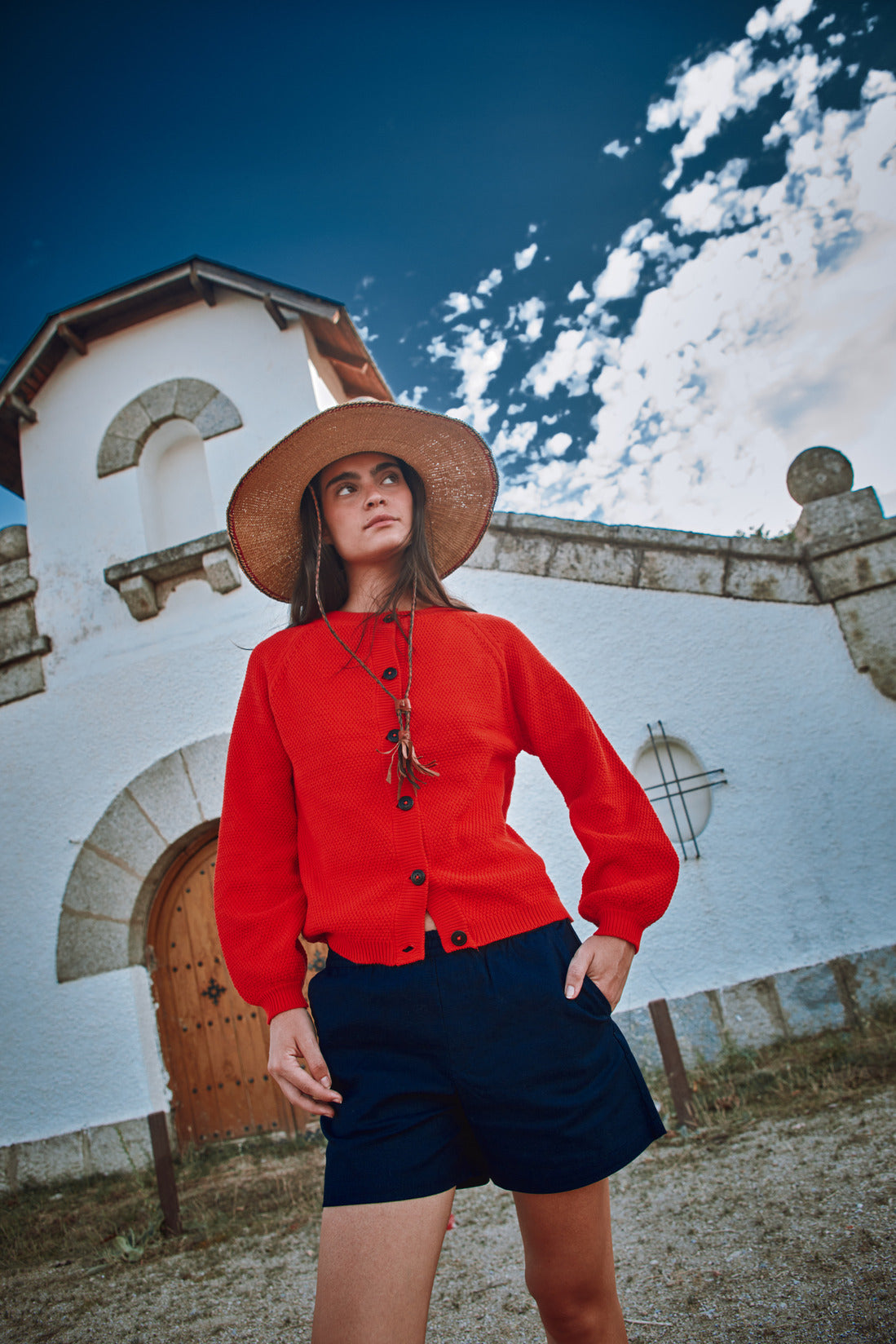 GABY Cardigan à manches bouffantes en coton bio - Rouge