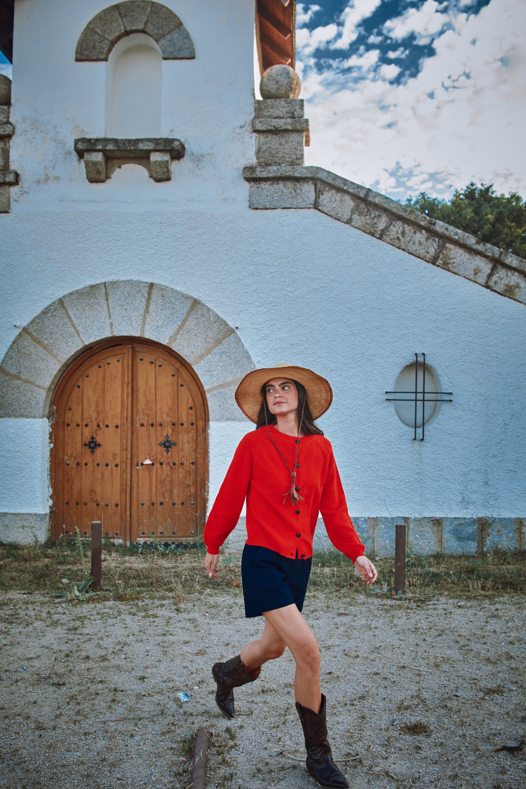 GABY Cardigan à manches bouffantes en coton bio - Rouge