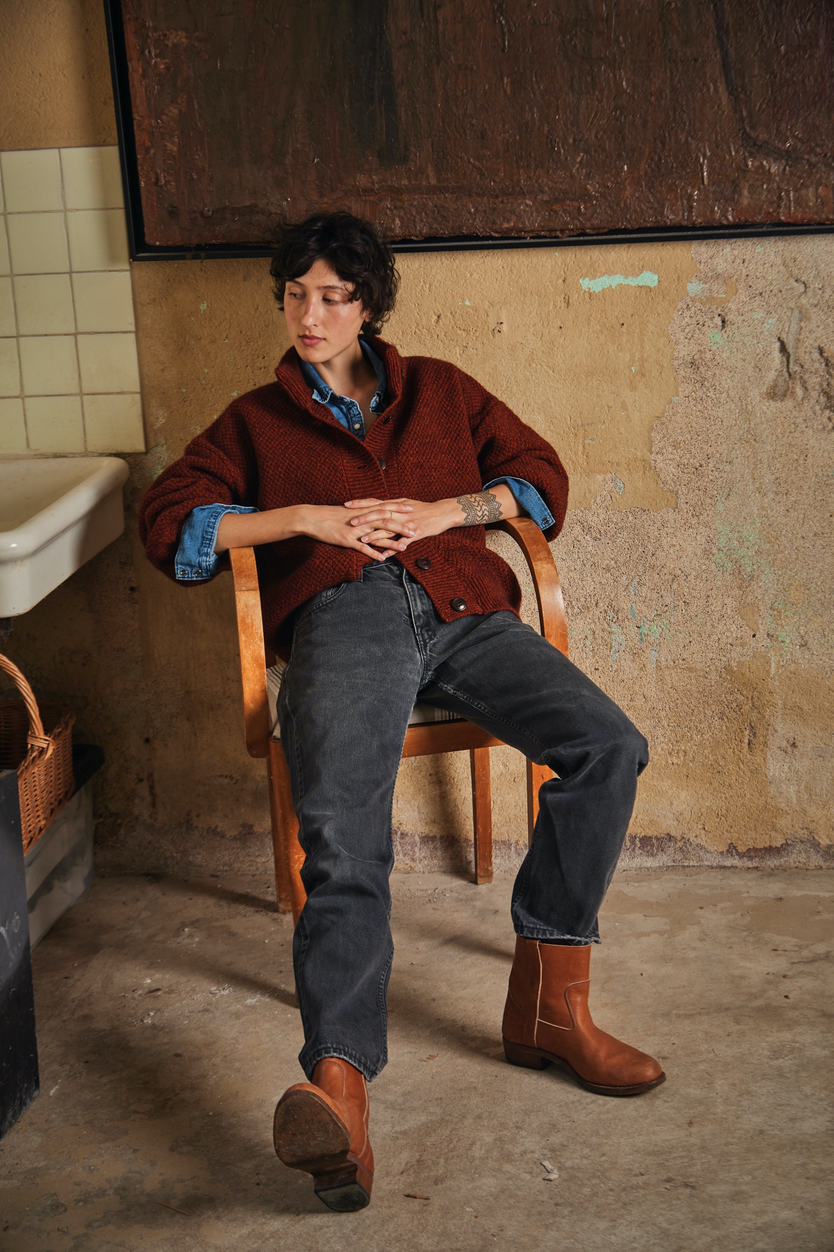 GEORGE Veste cardigan à col montant en laine yack-mérinos - Brique