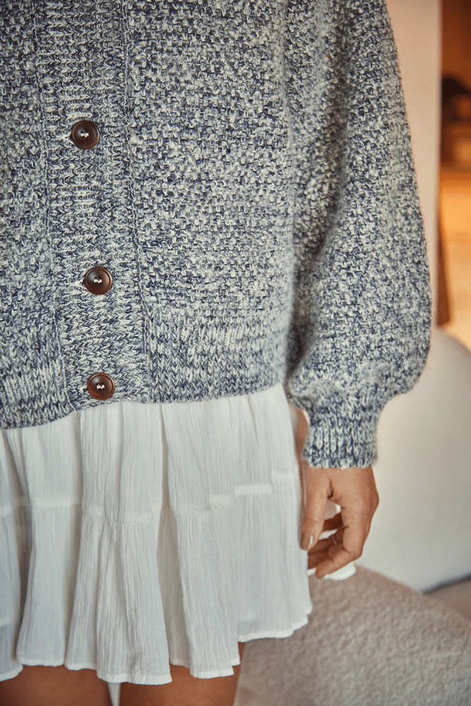 Veste cardigan à col montant GEORGE, bleu chiné - Laine naturelle mérinos-mohair - L'Envers