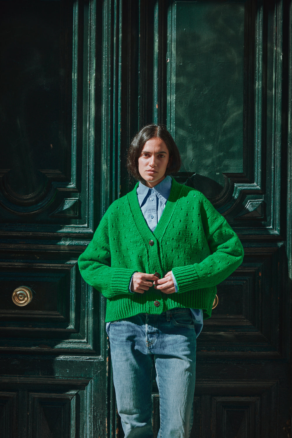 KATRINA Cardigan ajouré en laine mérinos - Vert perroquet
