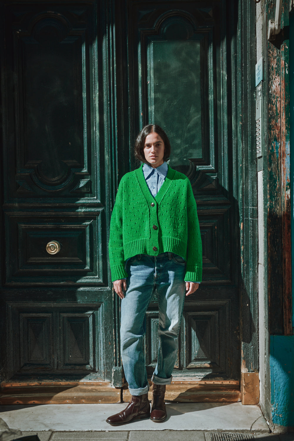 KATRINA Cardigan ajouré en laine mérinos - Vert perroquet