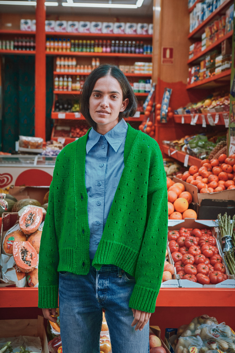 KATRINA Cardigan ajouré en laine mérinos - Vert perroquet