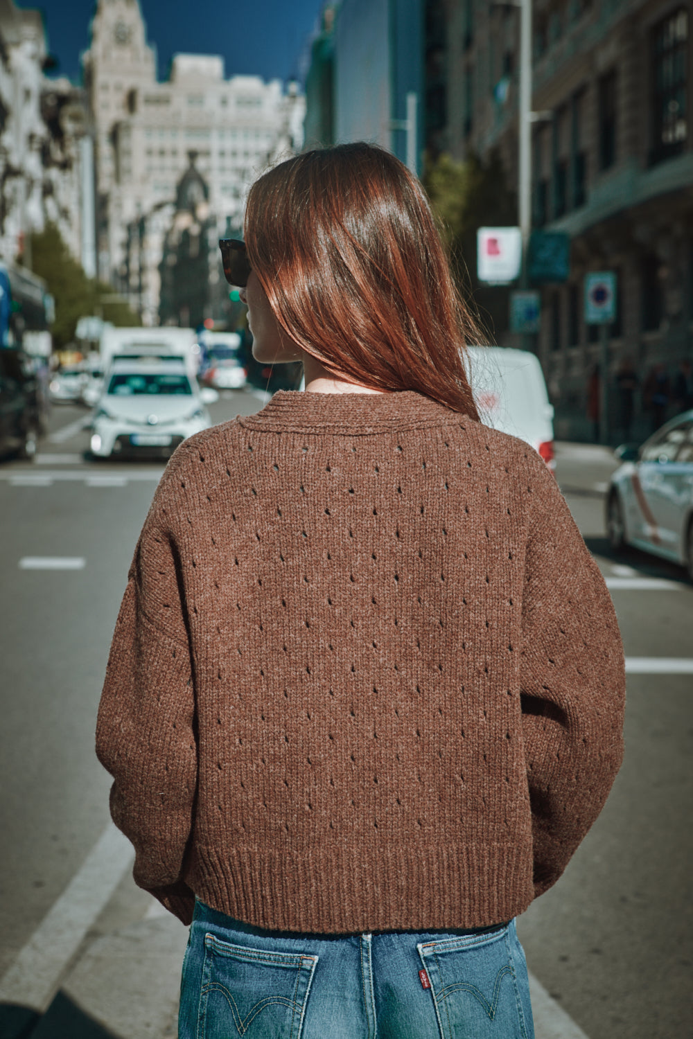 KATRINA Cardigan ajouré en laine mérinos - Chocolat