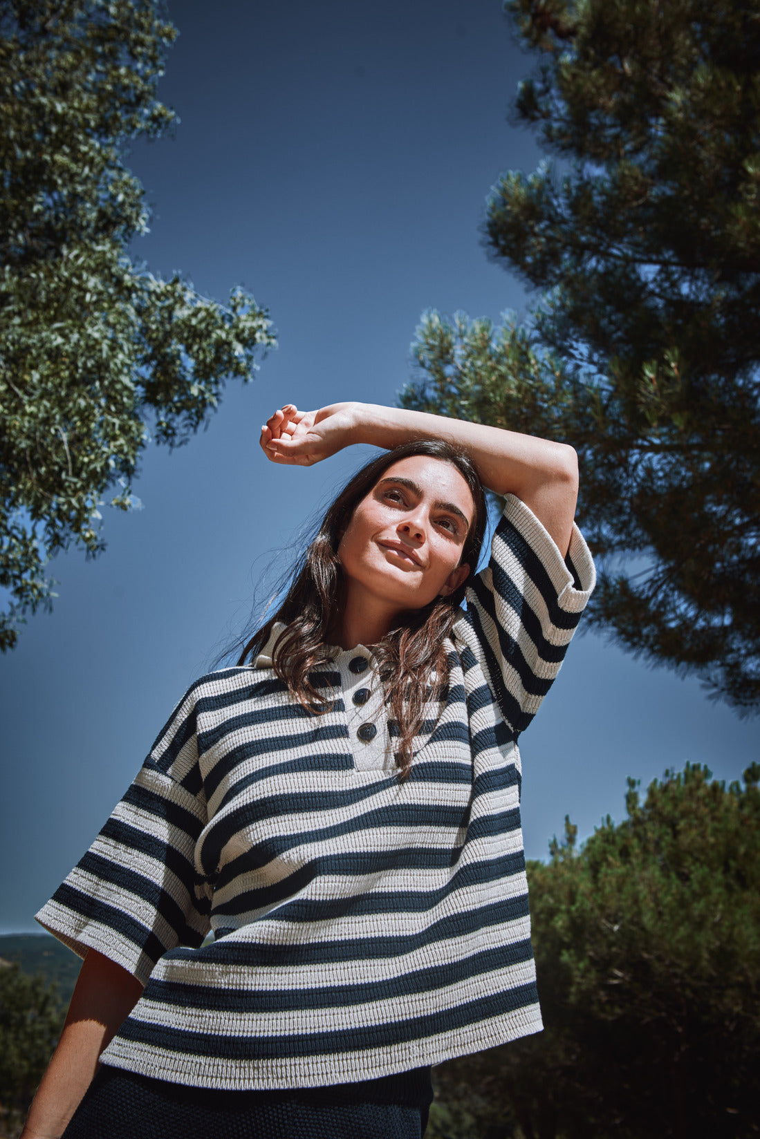 LILI Polo oversize en coton bio - Rayures bleu marine et écru