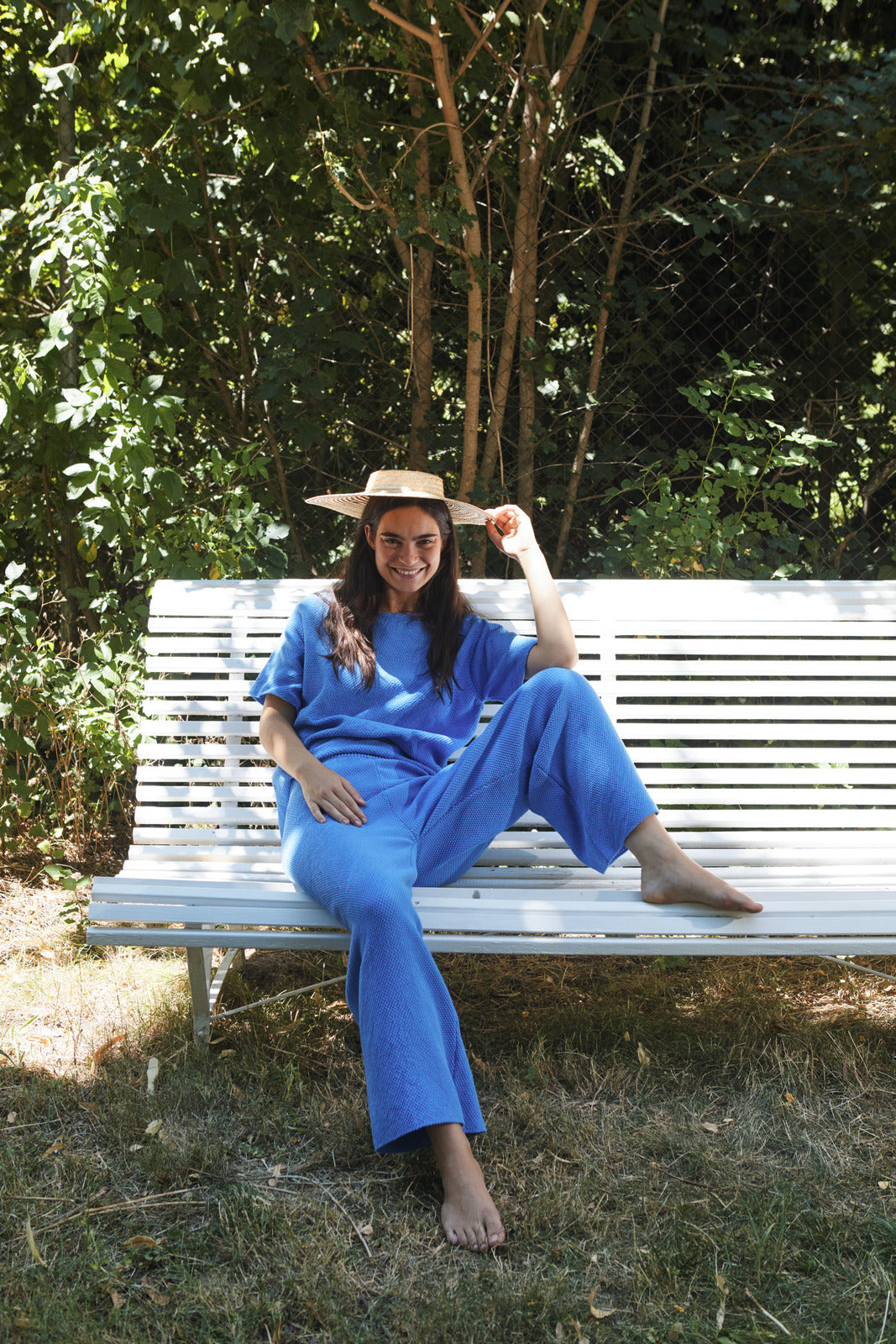 LOUISA Pantalon en coton bio - Bleu cyan