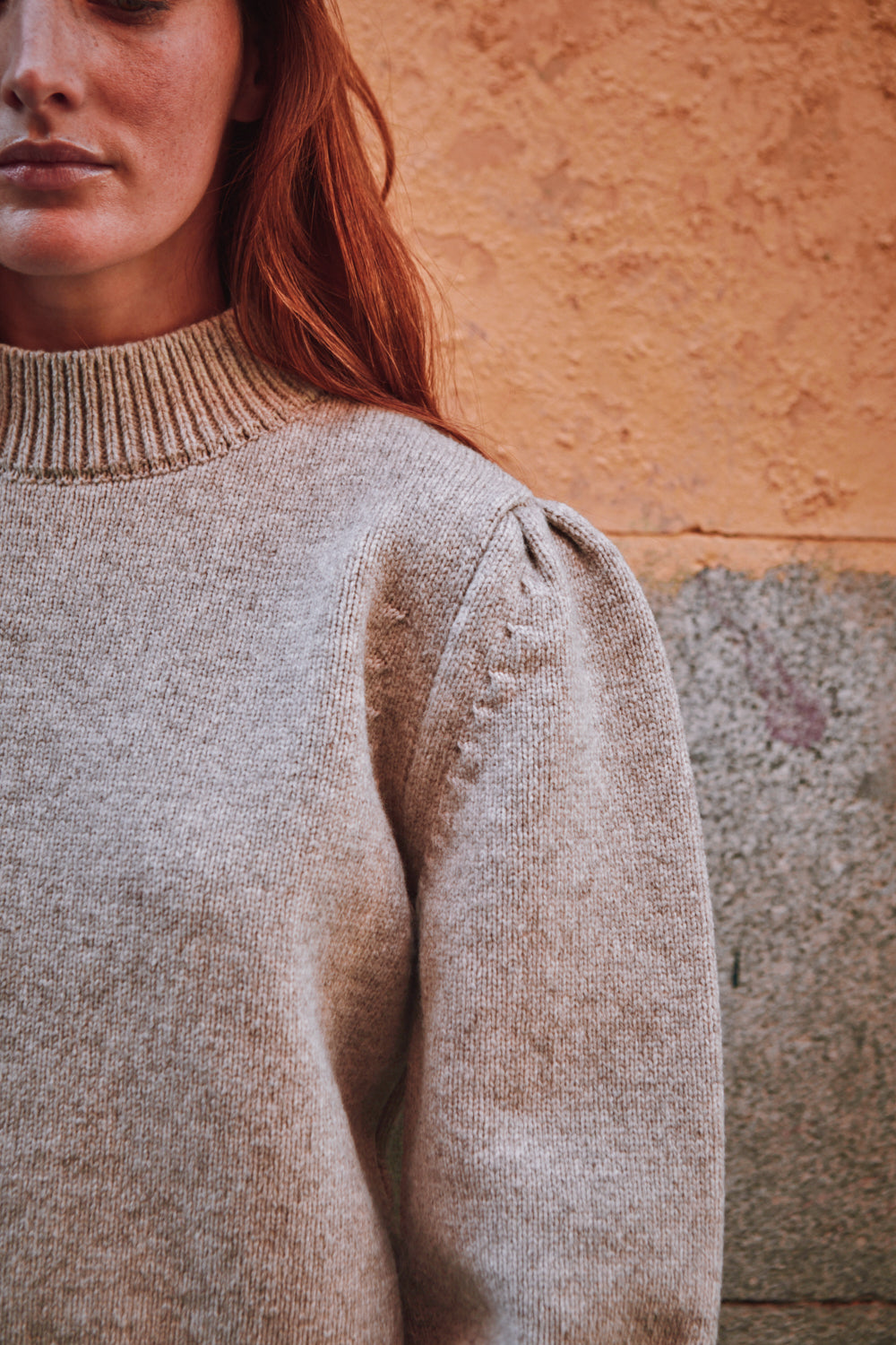 NATHALIE Pull Manches bouffantes en laine mérinos - Beige