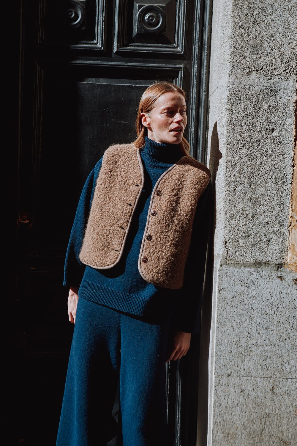 Gilet de berger LUCE en alpaga bouclé - Marron Glacé