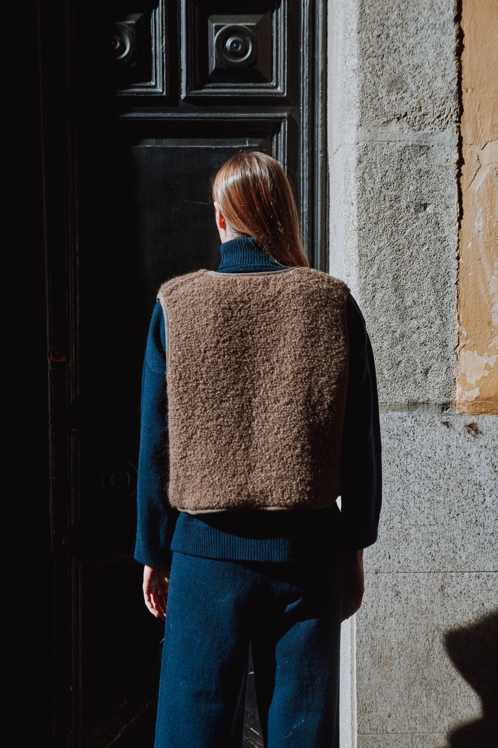 Gilet de berger LUCE en alpaga bouclé - Marron Glacé