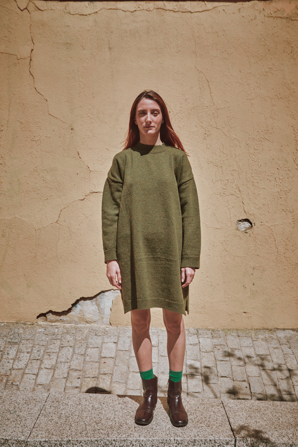Robe pull PERRINE en laine mérinos - Vert olive