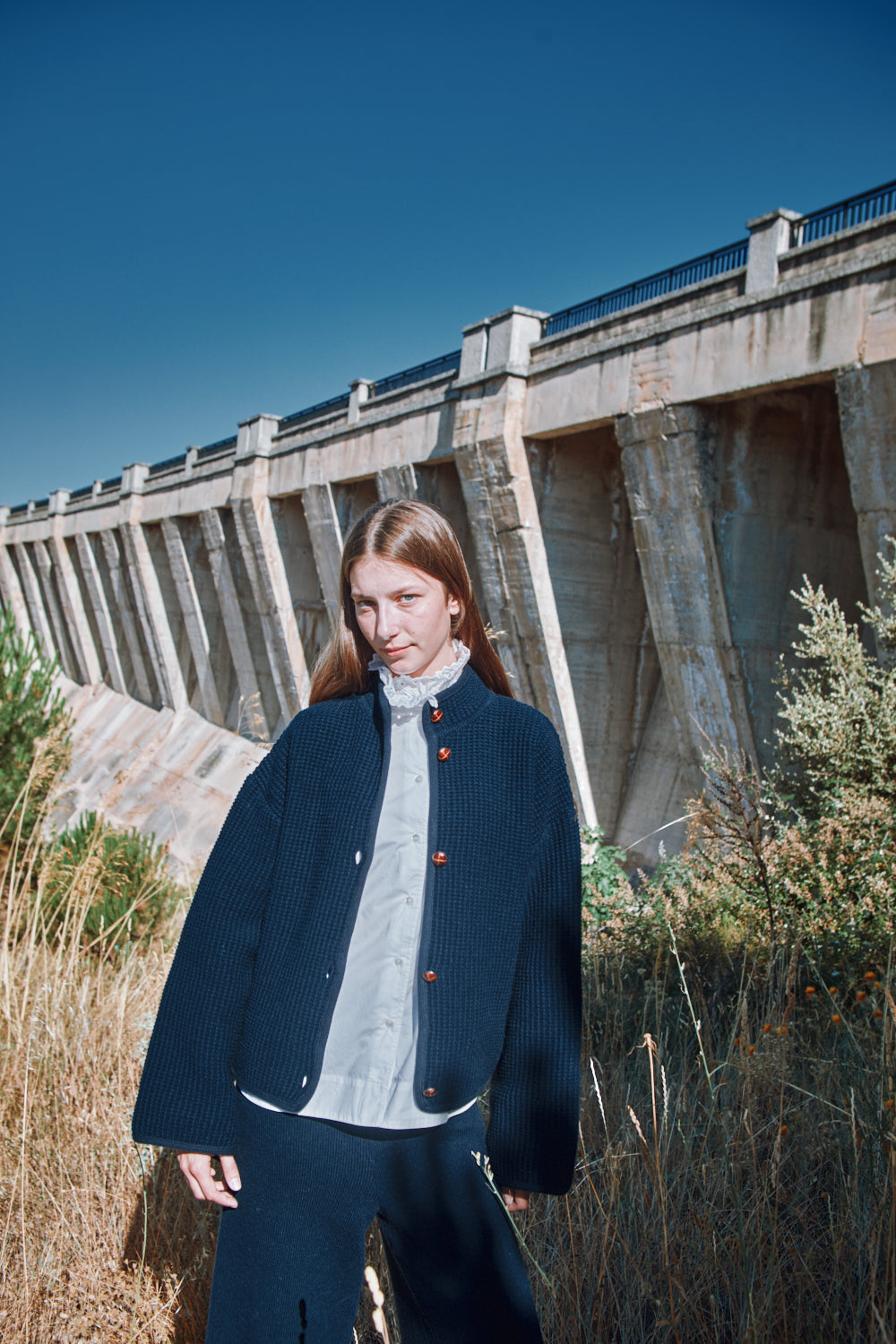 DELPHINE Bell-Sleeve Knit Jacket in Merino Wool - Navy | L'Envers