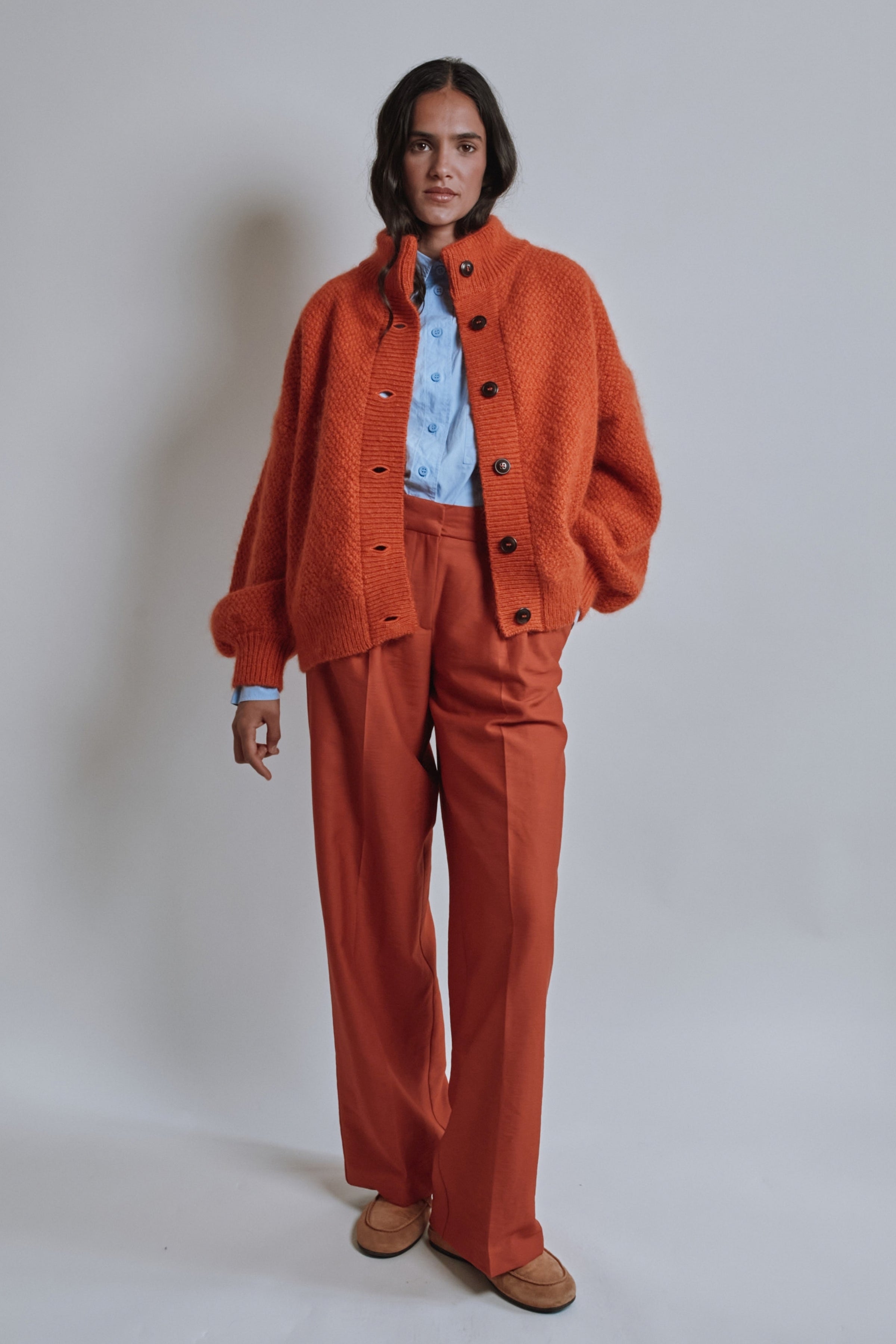 Veste à col montant GEORGE en laine mérinos et mohair - Orange brûlé