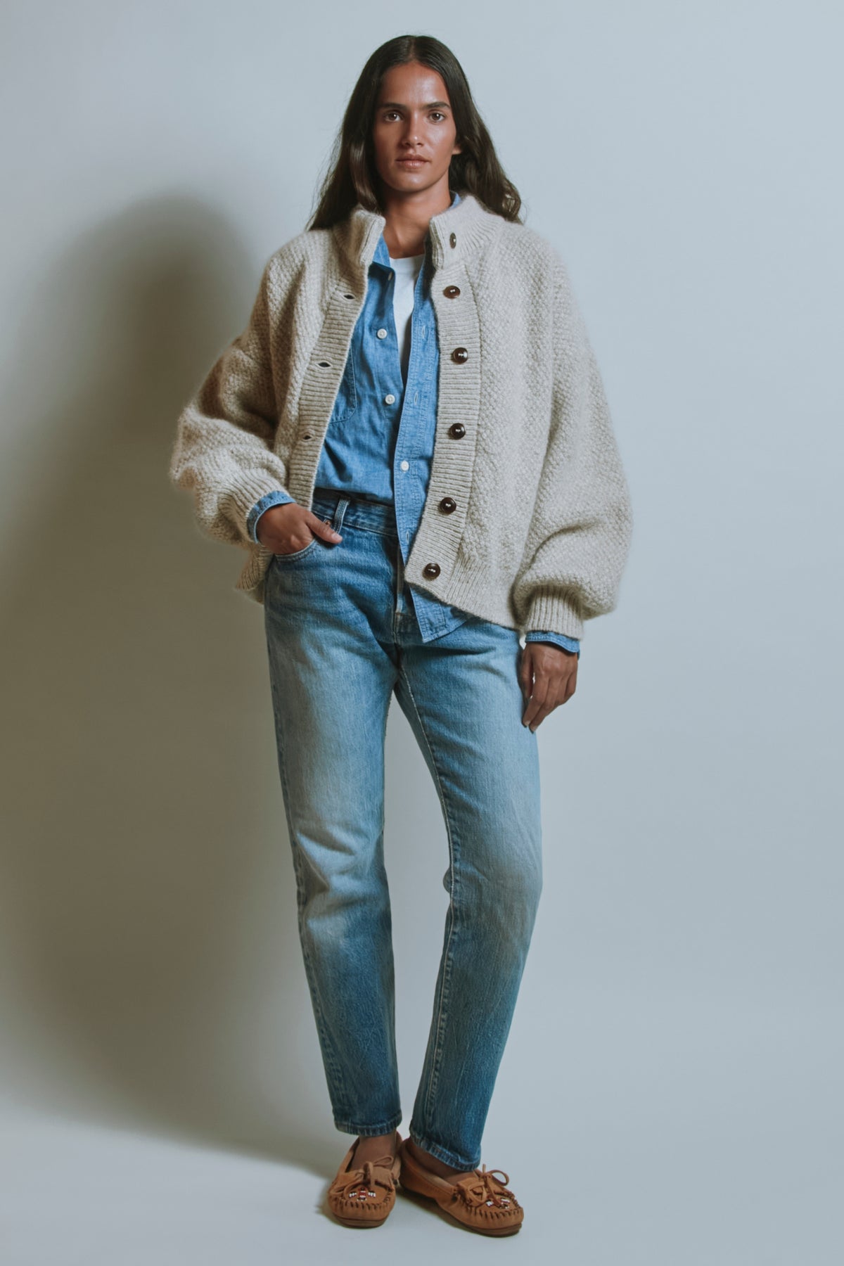 Veste à col montant GEORGE en laine et mohair « la laine de mérinos », beige – modèle 2