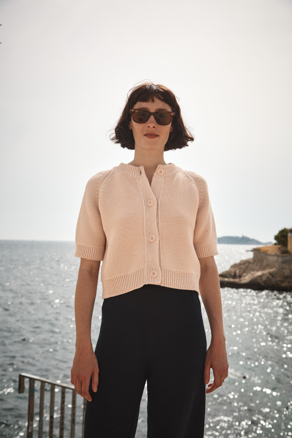 CLARISSE Short-Sleeve Cardigan in Organic Cotton - Powder Pink