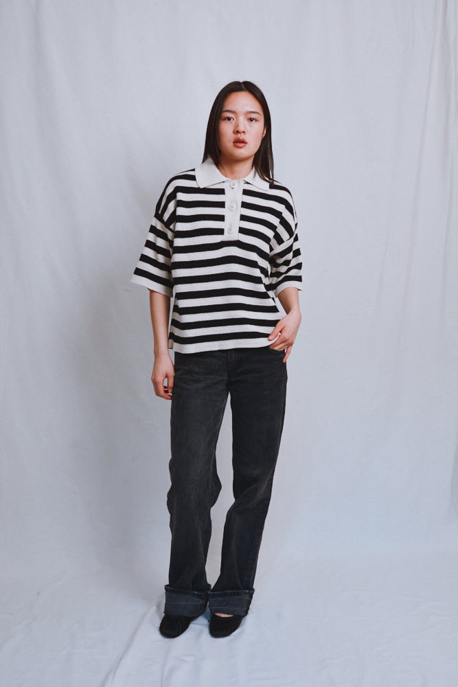 Item #484 - LILI Oversize Polo Shirt in Organic Cotton - Navy and Off-White Stripes