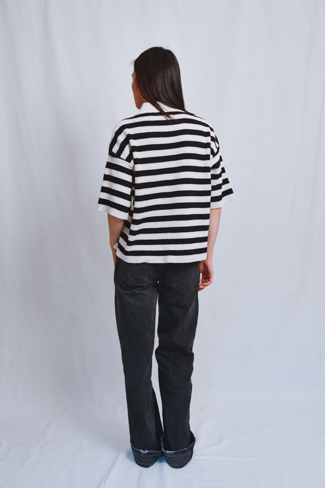 Item #484 - LILI Oversize Polo Shirt in Organic Cotton - Navy and Off-White Stripes