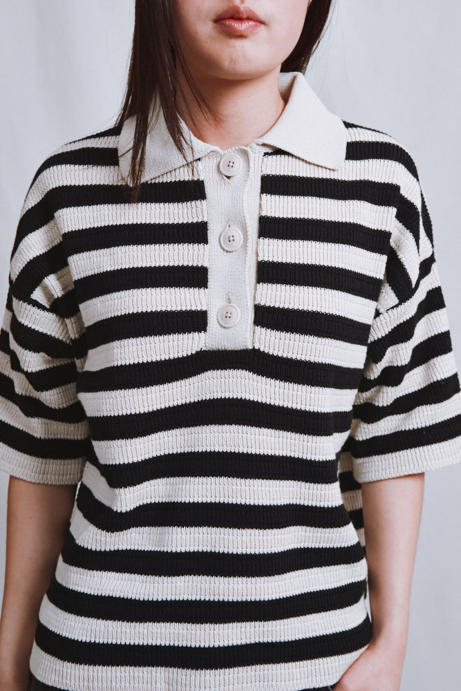 Item #484 - LILI Oversize Polo Shirt in Organic Cotton - Navy and Off-White Stripes