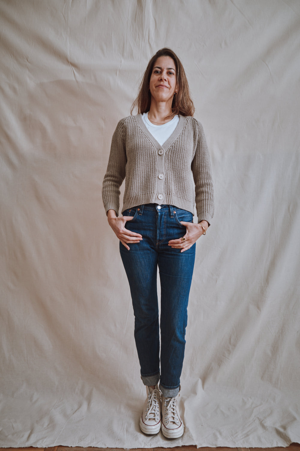 Item #327 - ANNA V-Neck Cardigan in Organic Cotton - Pearl grey