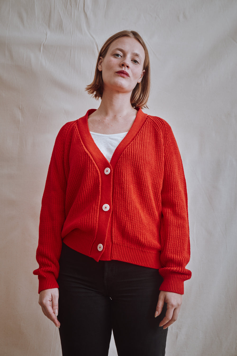Item #330 - ANNA V-Neck Cardigan in Organic Cotton - Red